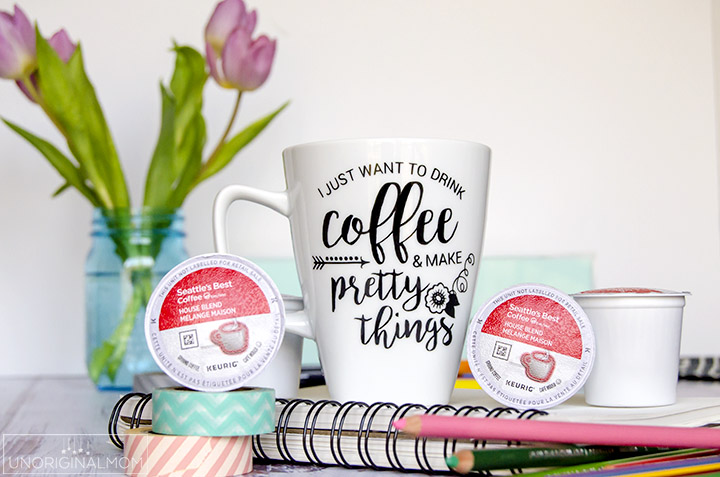 "I just want to drink coffee and make pretty things" coffee mug made with vinyl - plus a free Silhouette cut file! | vinyl coffee mug | crafter coffee mug |