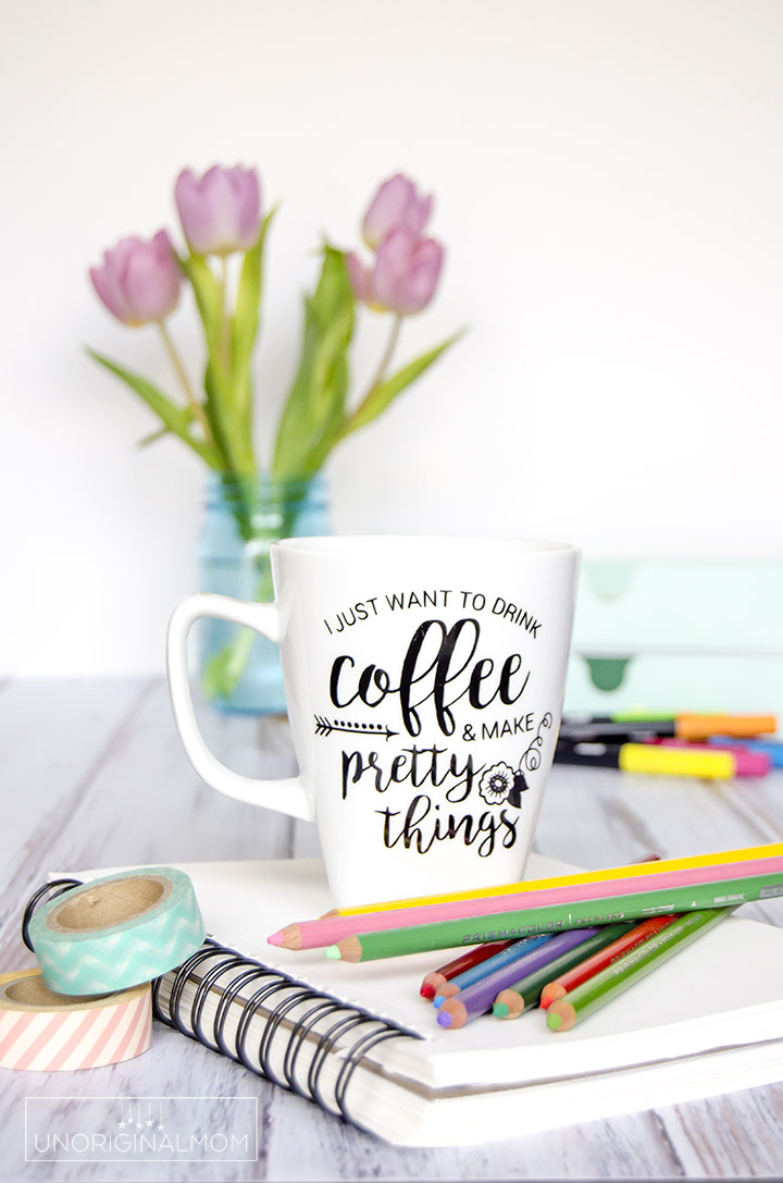 "I just want to drink coffee and make pretty things" coffee mug made with vinyl - plus a free Silhouette cut file! | vinyl coffee mug | crafter coffee mug |