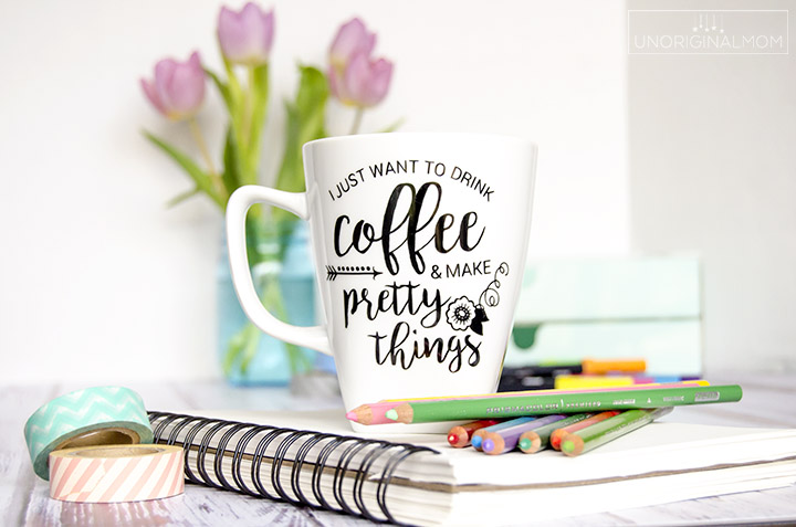 "I just want to drink coffee and make pretty things" coffee mug made with vinyl - plus a free Silhouette cut file! | vinyl coffee mug | crafter coffee mug |