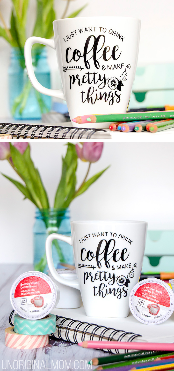 "I just want to drink coffee and make pretty things" coffee mug made with vinyl - plus a free Silhouette cut file! | vinyl coffee mug | crafter coffee mug |