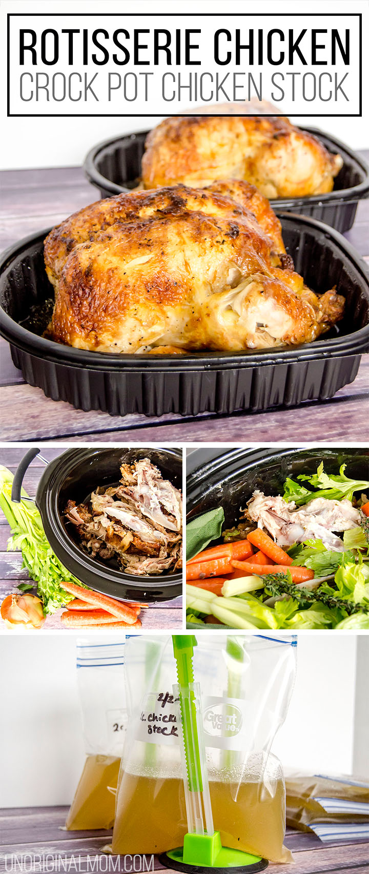 How to make the most delicious chicken stock in your crock pot with a rotisserie chicken - so cheap and easy! | crock pot chicken stock | rotisserie chicken stock | budget friendly meal planning