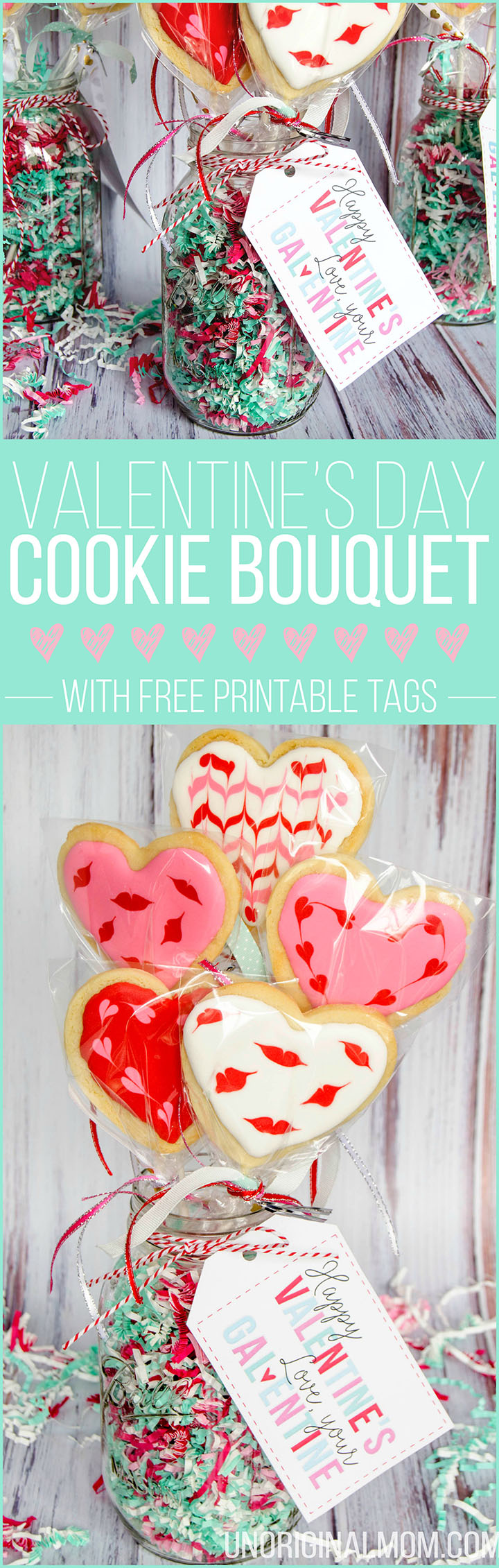 Oh so cute - cookie bouquets for Valentine's Day with decorated heart shaped cookie pops. Plus a free "Galentine's Day" printable tag!