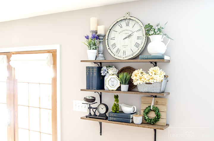 Beautiful spring home tour with lots of farmhouse style. | farmhouse spring home tour | farmhouse shelves | spring foyer | decorating for spring | spring decor