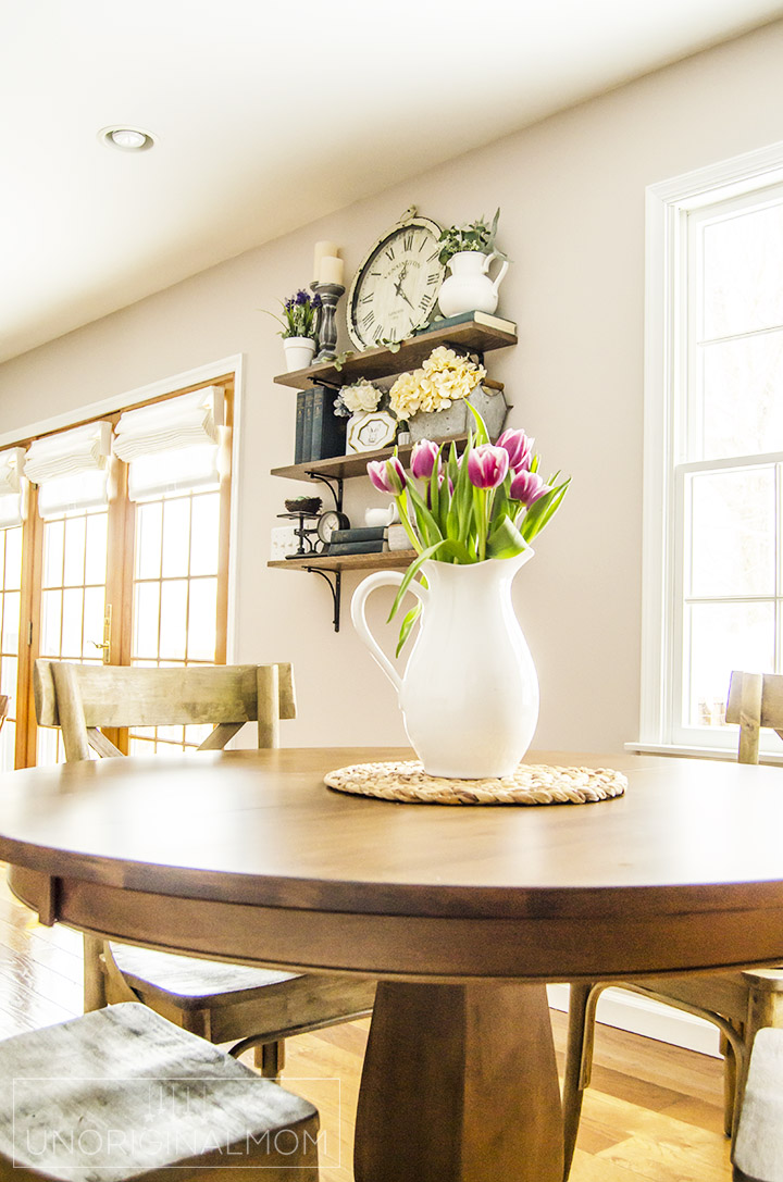 Beautiful spring home tour with lots of farmhouse style. | farmhouse spring home tour | farmhouse shelves | spring foyer | decorating for spring | spring decor