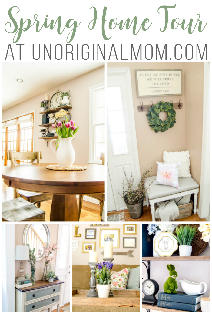 Beautiful spring home tour with lots of farmhouse style. | farmhouse spring home tour | farmhouse shelves | spring foyer | decorating for spring | spring decor