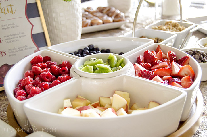 I love this super easy shower brunch idea - a yogurt parfait bar! | brunch food ideas | bridal shower brunch food | baby shower brunch food | yogurt parfait bar | shower food ideas