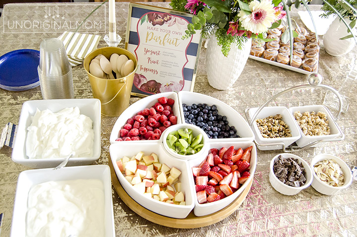 I love this super easy shower brunch idea - a yogurt parfait bar! | brunch food ideas | bridal shower brunch food | baby shower brunch food | yogurt parfait bar | shower food ideas