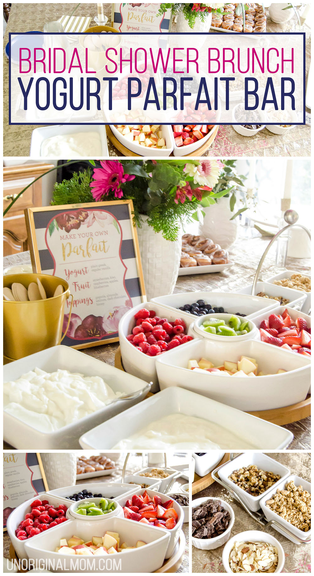 I love this super easy shower brunch idea - a yogurt parfait bar! | brunch food ideas | bridal shower brunch food | baby shower brunch food | yogurt parfait bar | shower food ideas