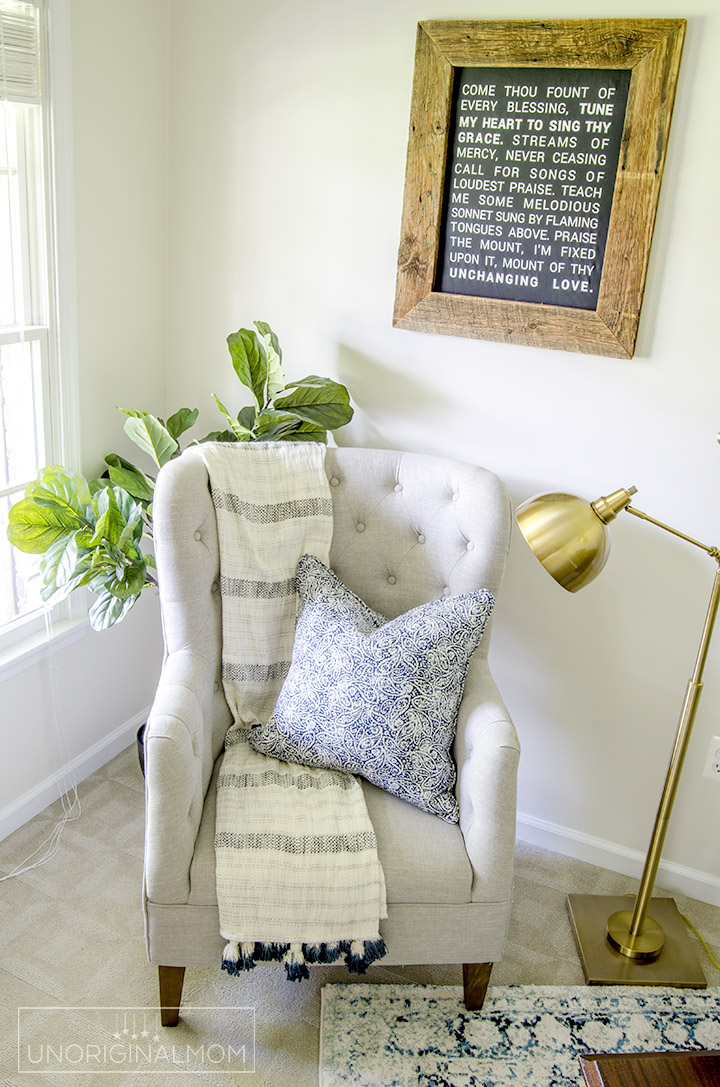 I love this pretty reading nook that's part of an industrial farmhouse music room/office! Plus a neat DIY farmhouse hymn sign. | industrial farmhouse | farmhouse hymn art | come thou fount sign | silhouette farmhouse wall art | one room challenge
