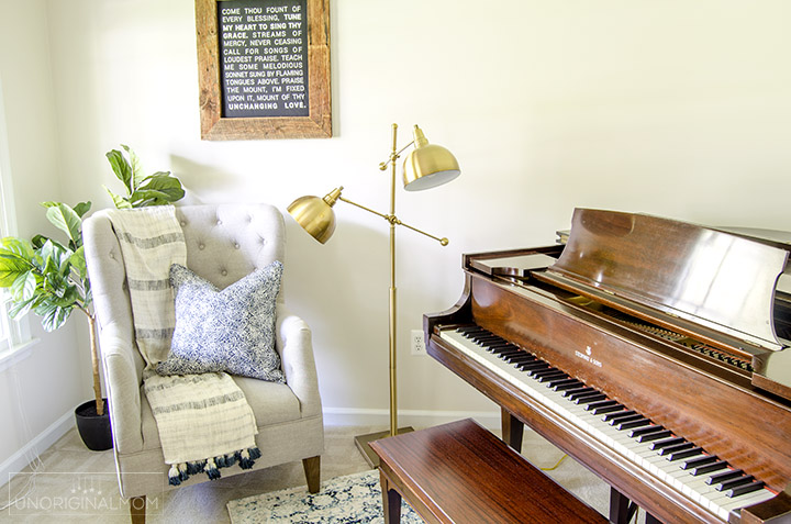 I love this pretty reading nook that's part of an industrial farmhouse music room/office! Plus a neat DIY farmhouse hymn sign. | industrial farmhouse | farmhouse hymn art | come thou fount sign | silhouette farmhouse wall art | one room challenge