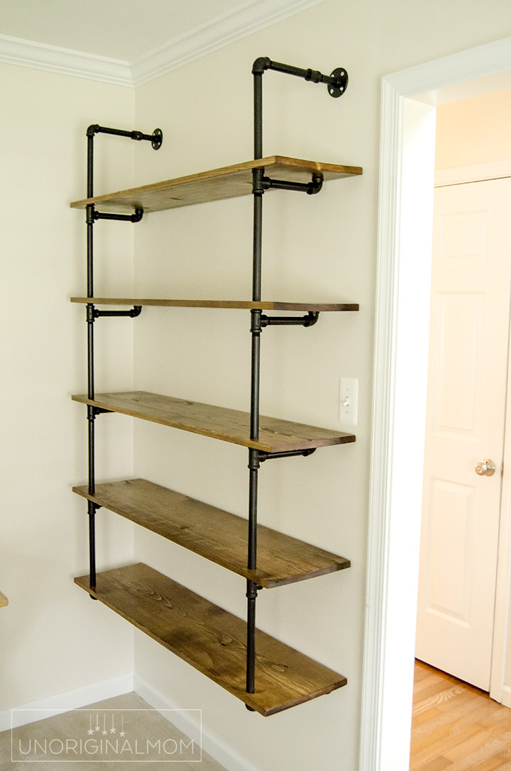 Really detailed step-by-step tutorial to make your own industrial pipe shelving - this is an affordable and fun way to get the Joanna Gaines Fixer Upper style in your own home! | fixer upper shelves | industrial pipe shelves | DIY pipe shelving tutorial | pipe shelves | industrial farmhouse office