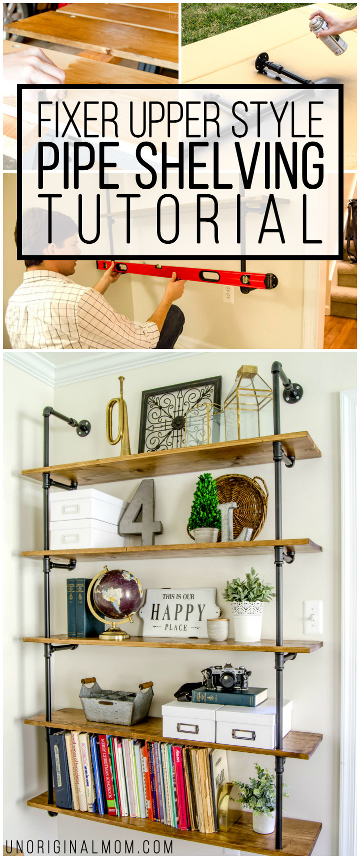 Really detailed step-by-step tutorial to make your own industrial pipe shelving - this is an affordable and fun way to get the Joanna Gaines Fixer Upper style in your own home! | fixer upper shelves | industrial pipe shelves | DIY pipe shelving tutorial | pipe shelves | industrial farmhouse office