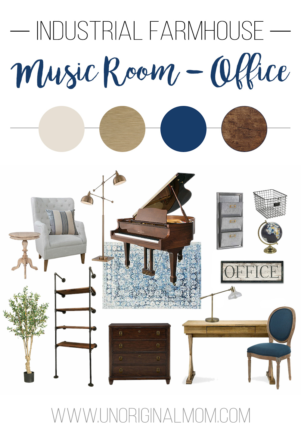 Before photos, design plan and mood board for an industrial farmhouse office/music room makeover! | industrial farmhouse office | music room | one room challenge | mood board | navy and gold