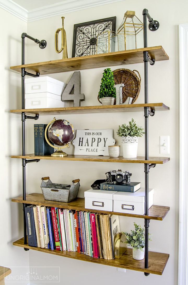 Really detailed step-by-step tutorial to make your own industrial pipe shelving - this is an affordable and fun way to get the Joanna Gaines Fixer Upper style in your own home! | fixer upper shelves | industrial pipe shelves | DIY pipe shelving tutorial | pipe shelves | industrial farmhouse office