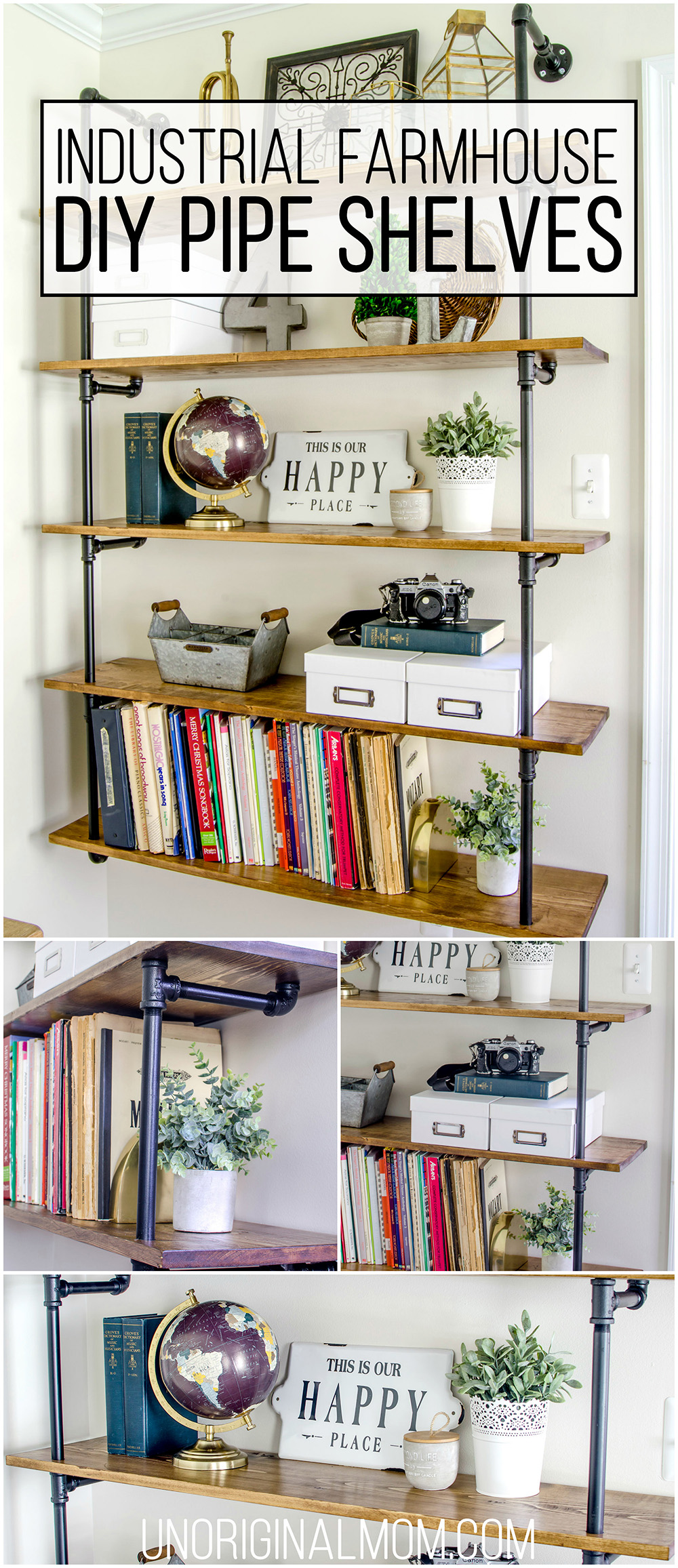 Pipe shelves for an industrial farmhouse office - such a great(and affordable) way to add a lot of style and character to a room! | industrial farmhouse pipe shelves | pipe shelving | fixer upper shelves | one room challenge