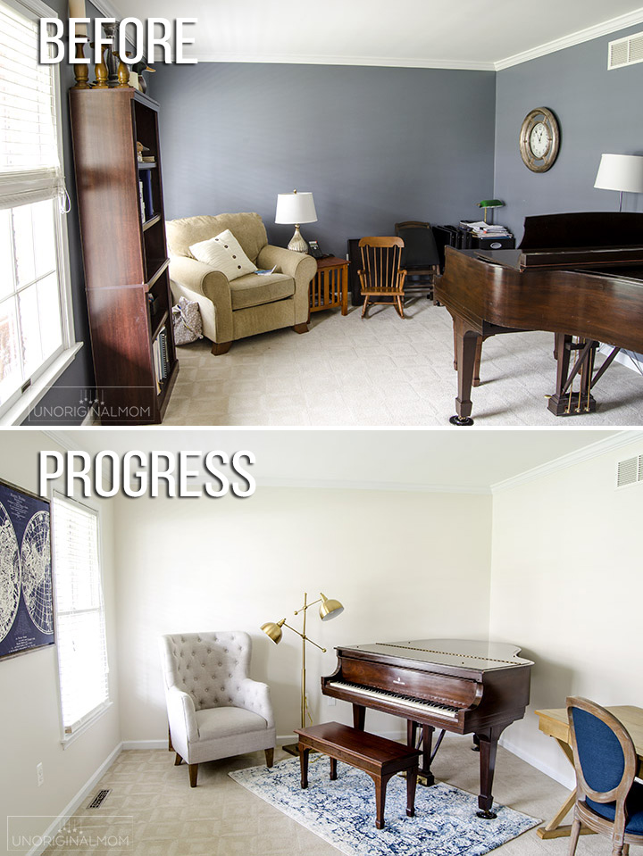 Industrial Farmhouse music room makeover with Sherwin Williams Shoji White paint