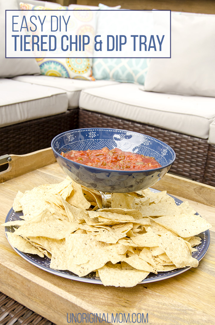 Easy DIY tiered chip and dip tray using a dollar store candlestick, clear Gorilla Glue, and a matching bowl and plate. | outdoor entertaining | chip and dip bowl | DIY tiered stand