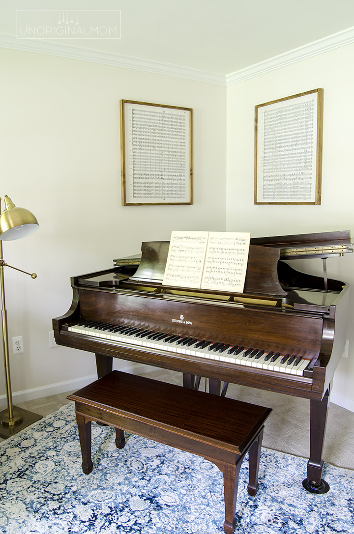 Beautiful Fixer Upper style industrial farmhouse office and music room makeover - includes pipe shelves, an office gallery wall, and lots of DIY farmhouse wall art! | One Room Challenge