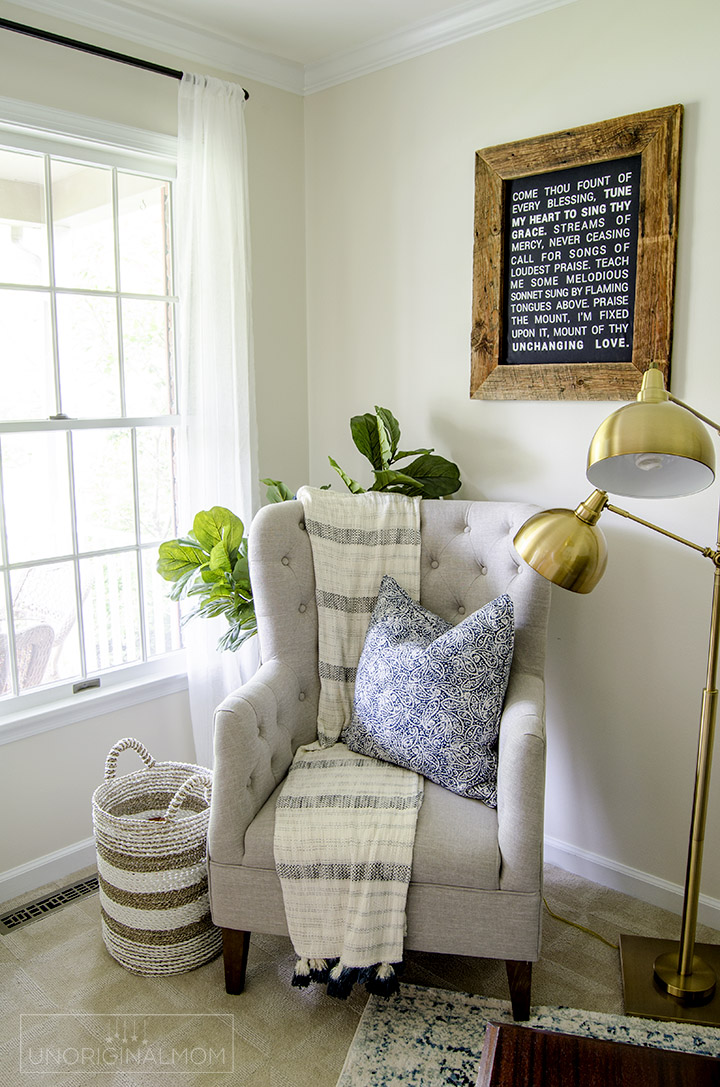 Beautiful Fixer Upper style industrial farmhouse office and music room makeover - includes pipe shelves, an office gallery wall, and lots of DIY farmhouse wall art! | One Room Challenge