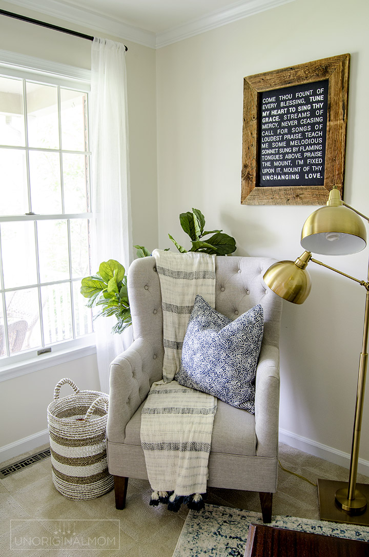 Beautiful Fixer Upper style industrial farmhouse office and music room makeover - includes pipe shelves, an office gallery wall, and lots of DIY farmhouse wall art! | One Room Challenge