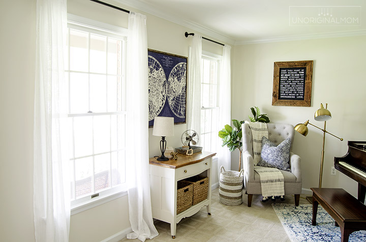 Beautiful Fixer Upper style industrial farmhouse office and music room makeover - includes pipe shelves, an office gallery wall, and lots of DIY farmhouse wall art! | One Room Challenge