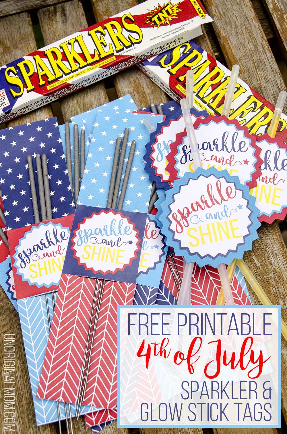 Free printable 4th of July Sparkler Tags - so fun for a 4th of July party! There are tags for glow sticks, too! | 4th of July printables | free printable sparkler tags | free printable glow stick tags | 4th of July party printables | patriotic party printables | free Silhouette cut file | patriotic party favors