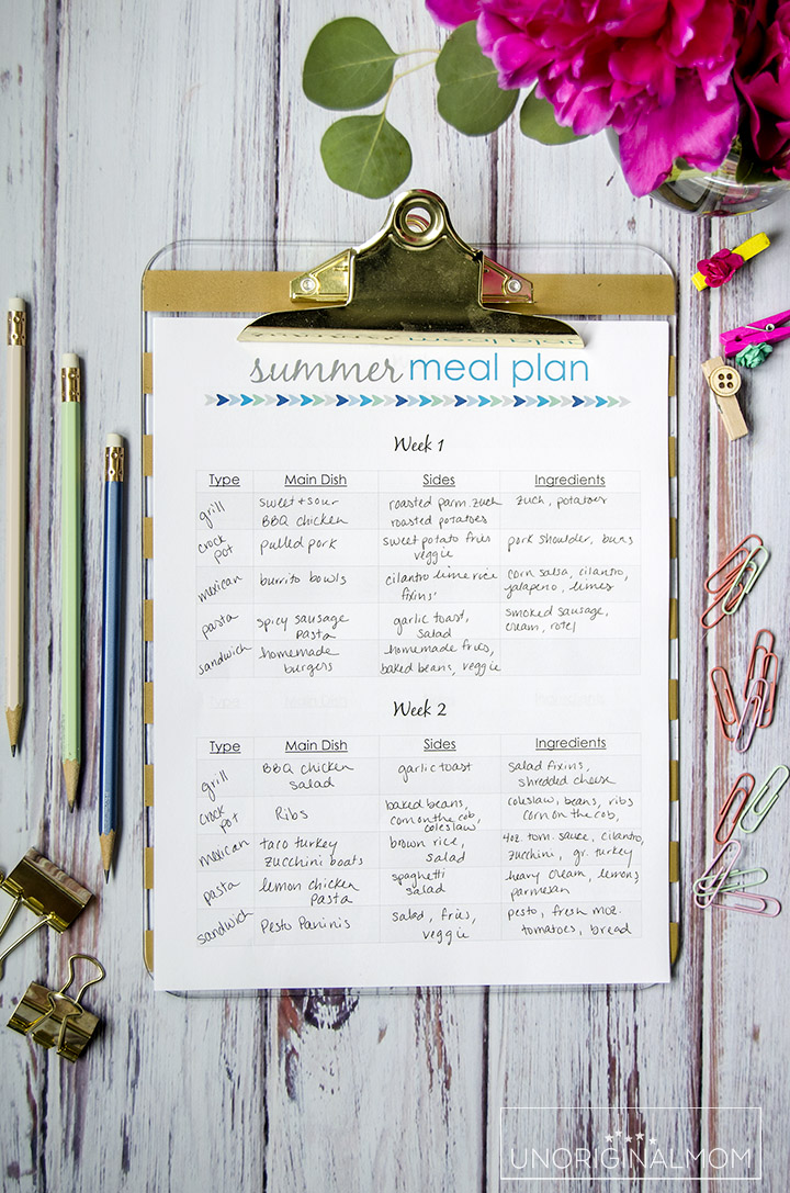 Plan out your dinners for the WHOLE summer at one time - it's easier than you think! Plus there's a free printable summer meal planner and a free google doc to get organized. | summer meal planning | free meal planner | printable meal planner | organized summer | summer plans