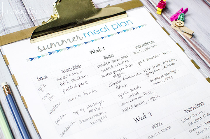 Plan out your dinners for the WHOLE summer at one time - it's easier than you think! Plus there's a free printable summer meal planner and a free google doc to get organized. | summer meal planning | free meal planner | printable meal planner | organized summer | summer plans