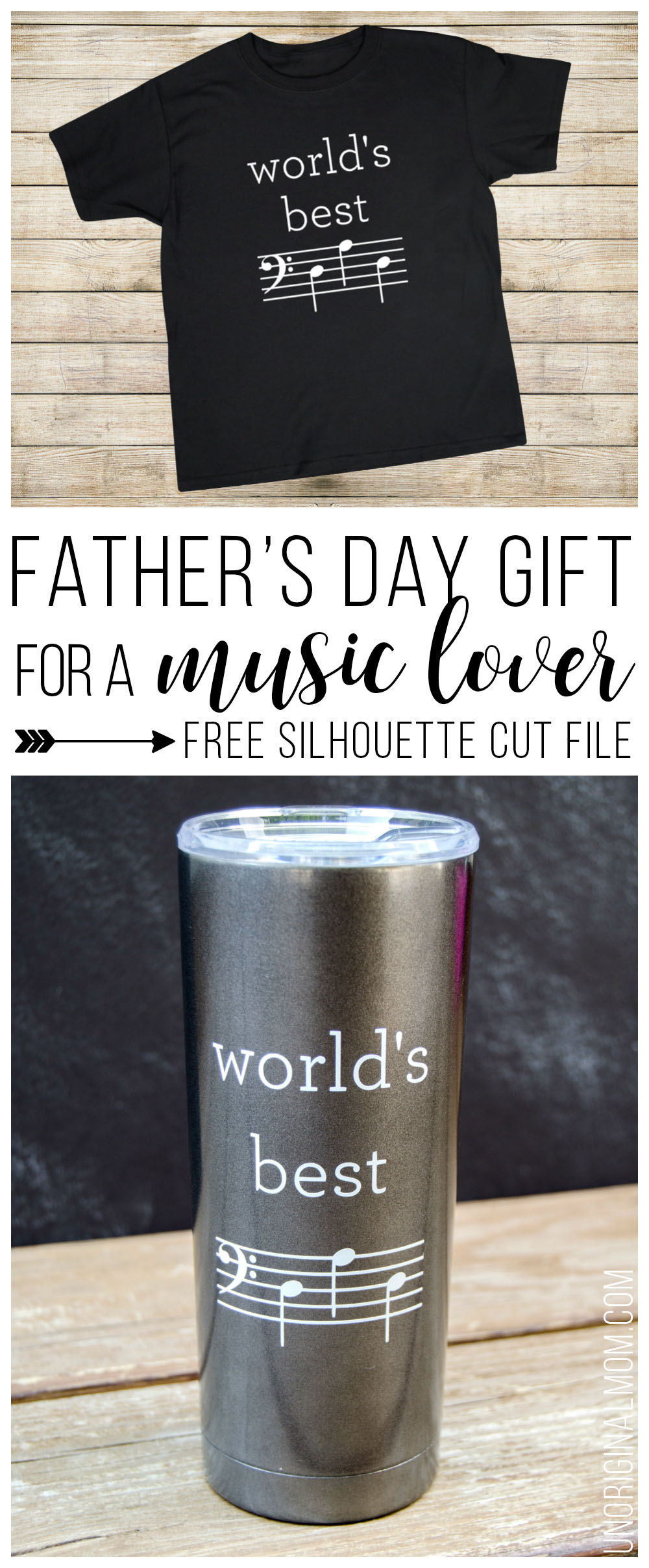 World's Best Dad mug or t-shirt for a music-loving dad - D-A-D is spelled out in music notes! Free Silhouette cut file, too! | world's best dad | music loving dad | musical father's day gift | bass clef d-a-d | father's day silhouette cut file