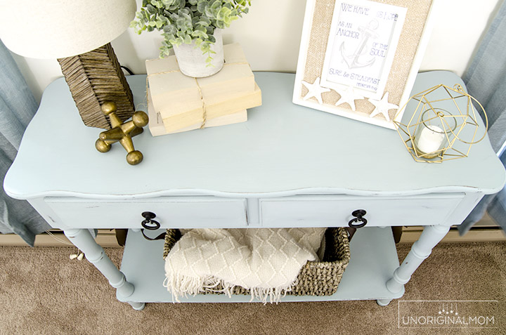Beautiful "beachy" blue side table makeover with chalk paint - love this color! | americana decor chalky finish paint | robin's egg blue chalk paint | beachy blue chalk paint | furniture makeover | beach house furniture makeover | americana chalky finish serene + vintage