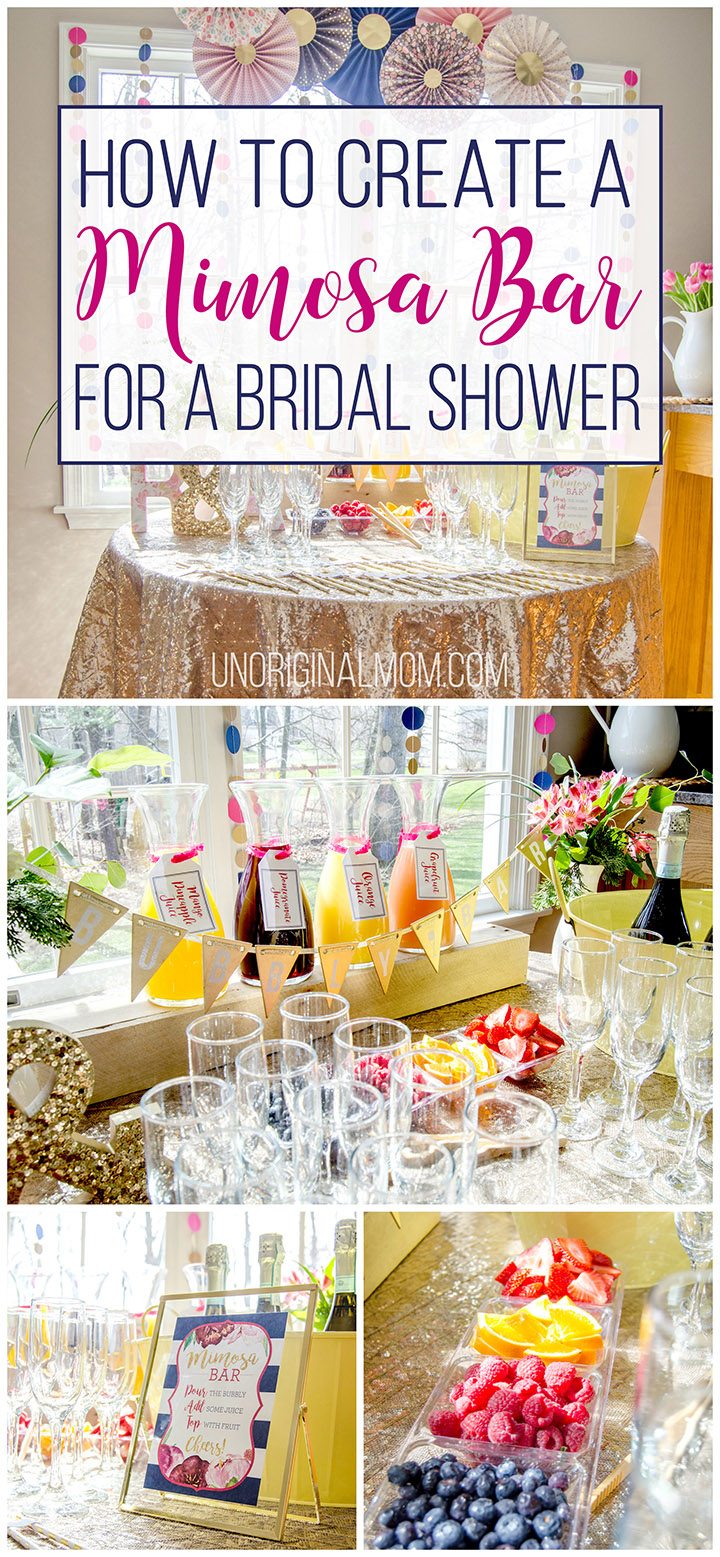 Great tips for how to put together a mimosa bar for a bridal shower or other event. It's easy and fun! | mimosa bar | mimosa bar printables | bridal shower brunch | bridal shower mimosa bar | brunch and bubbly | mimosa bar glasses | mimosa bar ideas