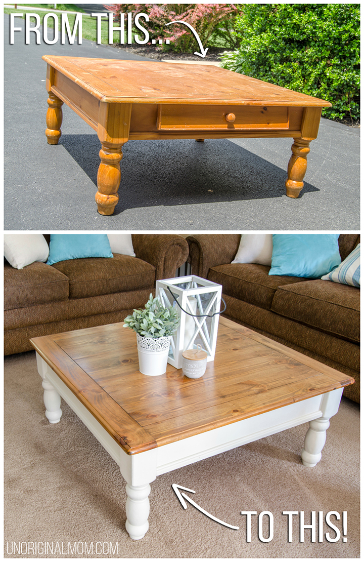 Ugly orange coffee table from Craigslist, made into a beautiful two toned farmhouse style coffee table! This transformation is unbelievable! | farmhouse furniture | coffee table makeover | fusion mineral paint | square coffee table | wood stained coffee table | rustic coffee table makeover tutorial | fusion mineral paint champlain