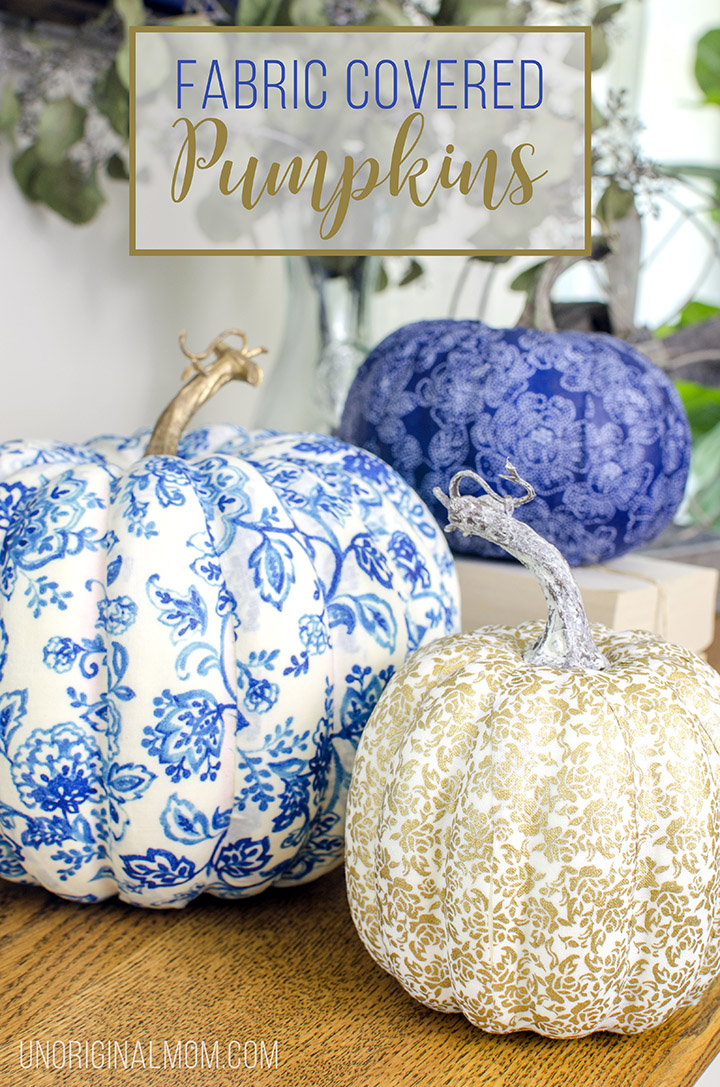 Create beautiful pumpkins for fall decor by covering them with fabric and mod podge. Perfect for any style of fall decor! | diy fabric covered pumpkins | fabric pumpkins | neutral fall decor | blue fall decor | mod podge fabric pumpkins | 