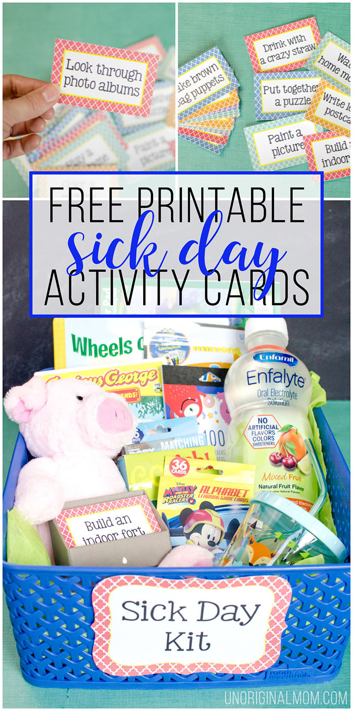 Make a Sick Day Kit to have on hand for days when you have little ones home sick - add some free printable sick day activity cards, too! | sick day activities | sick day ideas | sick day kit | sick days | sick toddler ideas