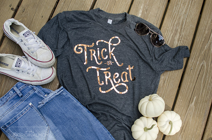 Trick or Treat women's halloween t-shirt made with Silhouette Copper Heat Transfer Vinyl | free cut file | copper htv | silhouette halloween shirt
