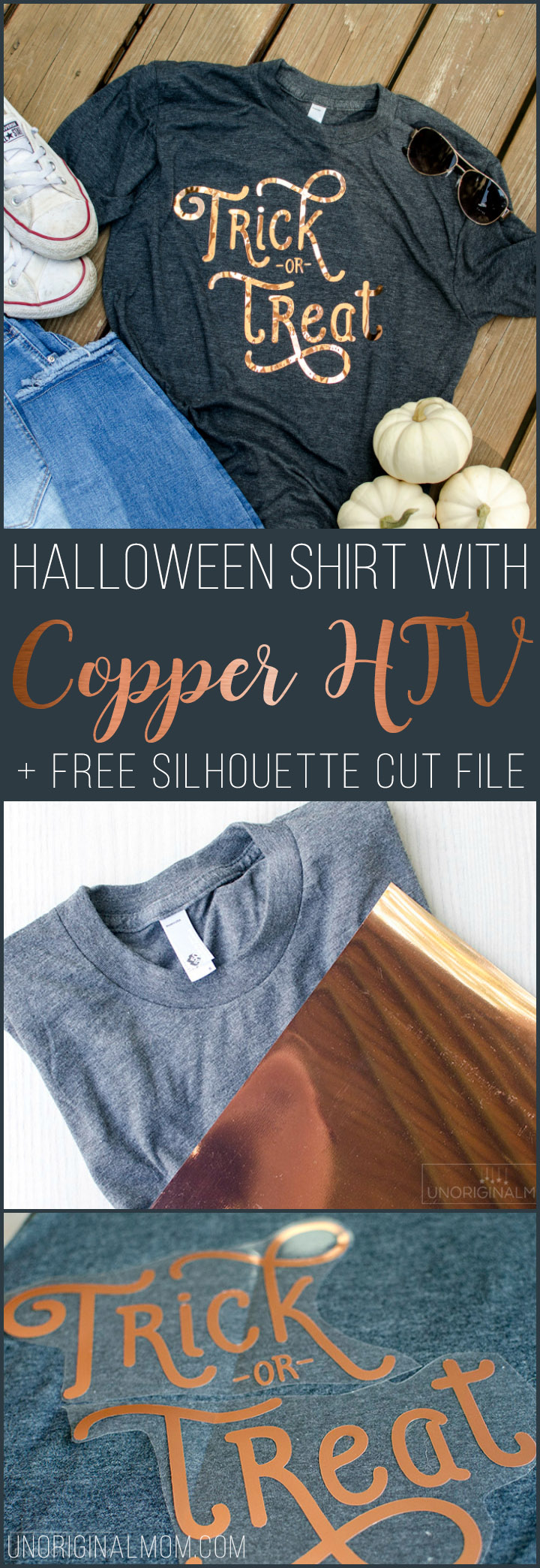 Trick or Treat women's halloween t-shirt made with Silhouette Copper Heat Transfer Vinyl | free cut file | copper htv | silhouette halloween shirt