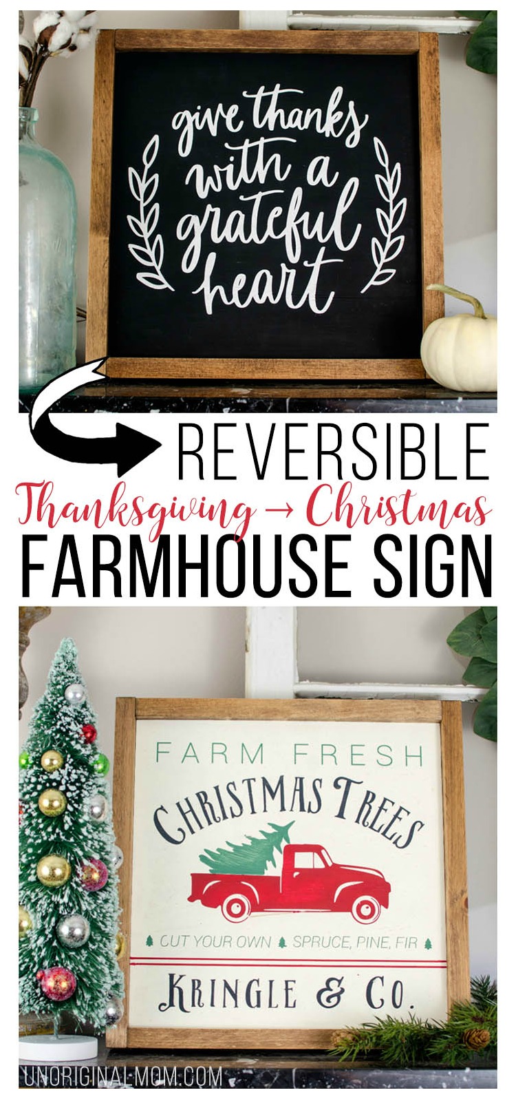 Reversible Thanksgiving-Christmas painted farmhouse sign, with a free cut file! #farmhousesign #freecutfile #christmastreefarmsign #silhouette #christmasdecor #farmhousechristmasdecor #diyfarmhousesign