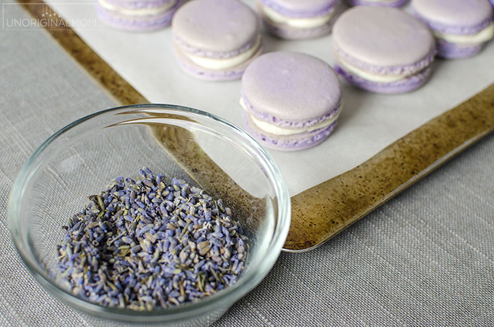 Lavender macarons with honey buttercream for a wedding macaron tower