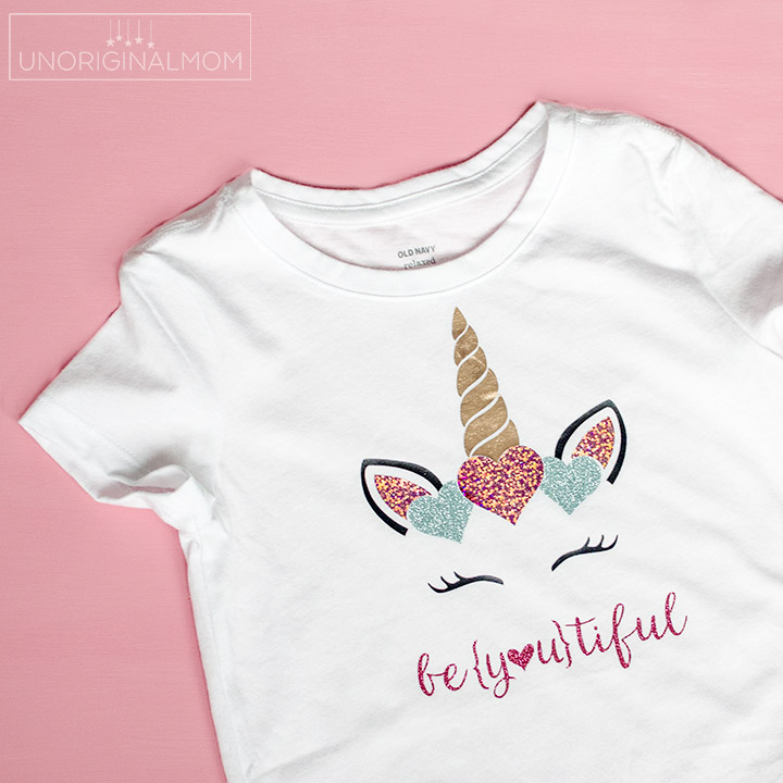 Girl's Valentine's Day Unicorn Shirt with SHIMMER heat transfer vinyl! This stuff is amazing! #htv #valentinesday #silhouette #cricut #glitterhtv #shimmerhtv #valentinesshirt #beyoutiful