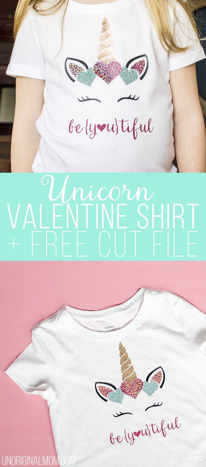 Girl's Unicorn Valentine's Shirt with SHIMMER heat transfer vinyl! This stuff is amazing! Such a cute design for a Valentine's Day Shirt. #htv #valentinesday #silhouette #cricut #glitterhtv #shimmerhtv #valentinesshirt #beyoutiful