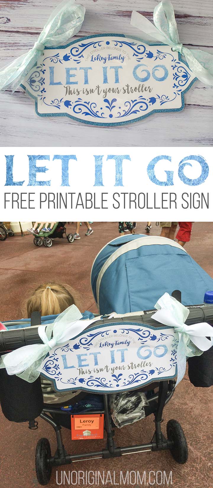 Free printable Frozen stroller sign to use at Disney, plus a review of Kingdom strollers. Great Disney stroller tips, too! #strollersign #disneystroller #freeprintable #disneystrollertips #disneywithtoddlers #kingdomstrollers