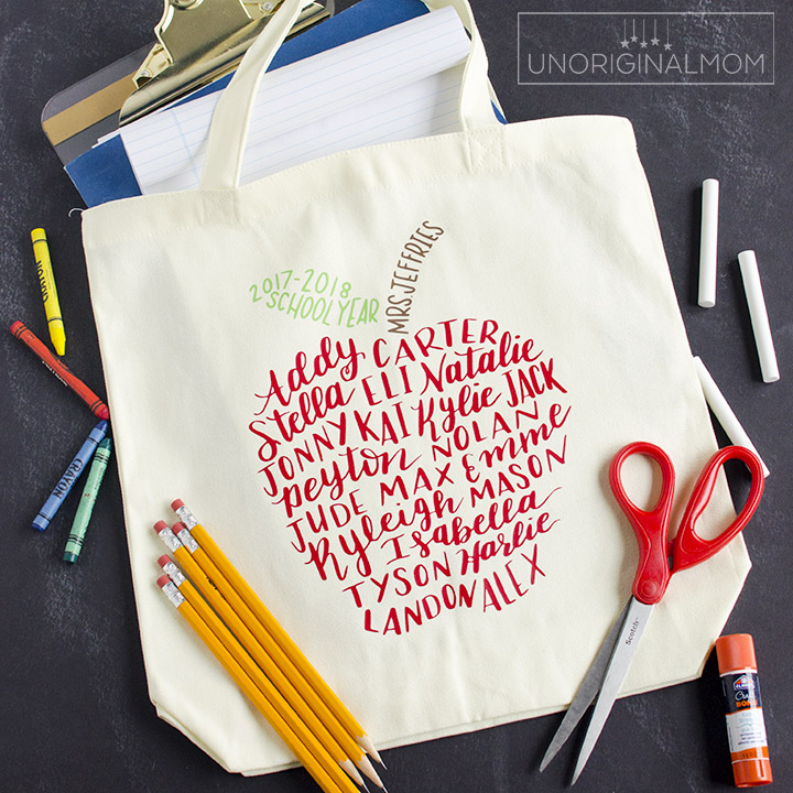 Such a meaningful end-of-the-year or teacher appreciation gift - a hand lettered class list in the shape of an apple, put on a tote bag with HTV! #teacherappreciation #silhouette #handlettering #teachergift