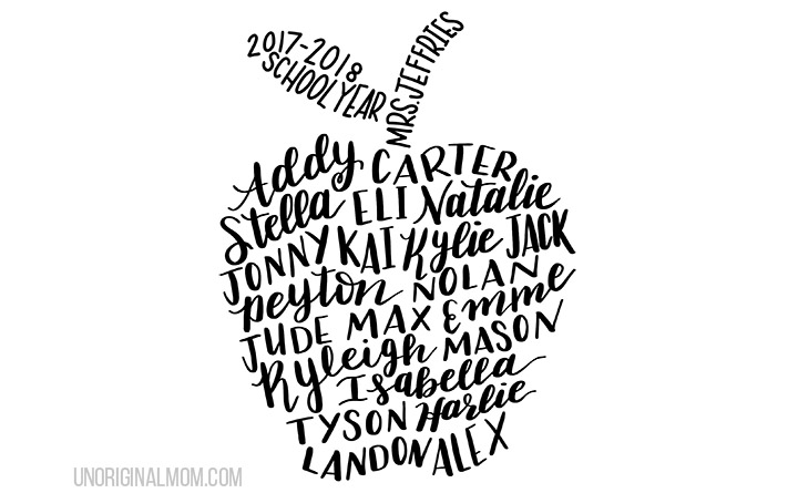 Such a meaningful end-of-the-year or teacher appreciation gift - a hand lettered class list in the shape of an apple, put on a tote bag with HTV! #teacherappreciation #silhouette #handlettering #teachergift