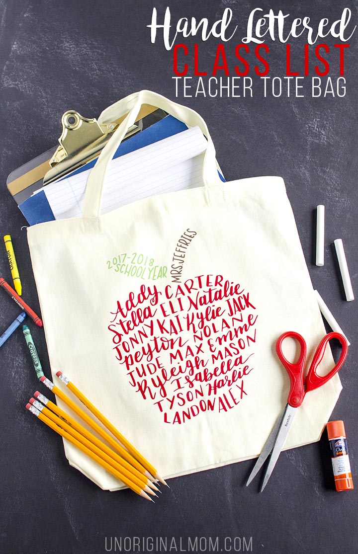 Such a meaningful end-of-the-year or teacher appreciation gift - a hand lettered class list in the shape of an apple, put on a tote bag with HTV! #teacherappreciation #silhouette #handlettering #teachergift