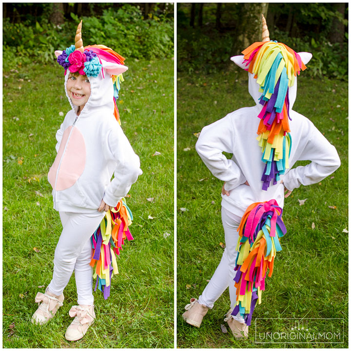 DIY Unicorn Hoodie Costume - Adorable unicorn costume made out of a hoodie! Perfect for little girls. Make it no-sew by using hot glue instead! #unicorn #unicorncostume #easydiycostume