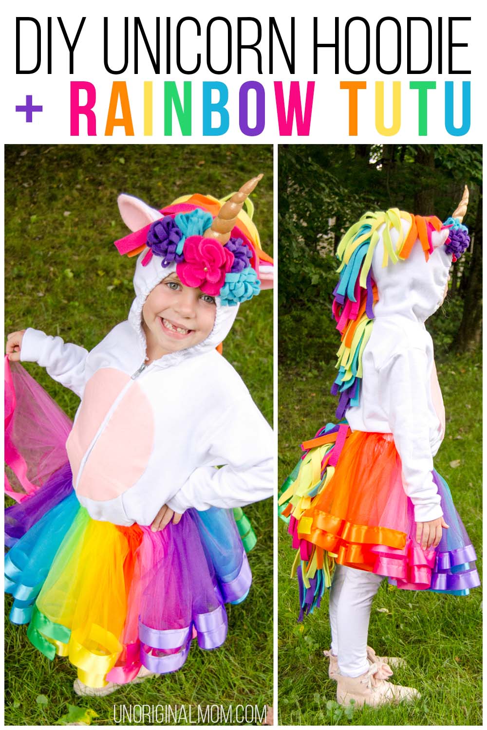 DIY Unicorn Hoodie Costume + Rainbow Tutu. Adorable unicorn costume made out of a hoodie! Love the rainbow tutu. Perfect for little girls. Make it no-sew by using hot glue instead! #unicorn #unicorncostume #easydiycostume