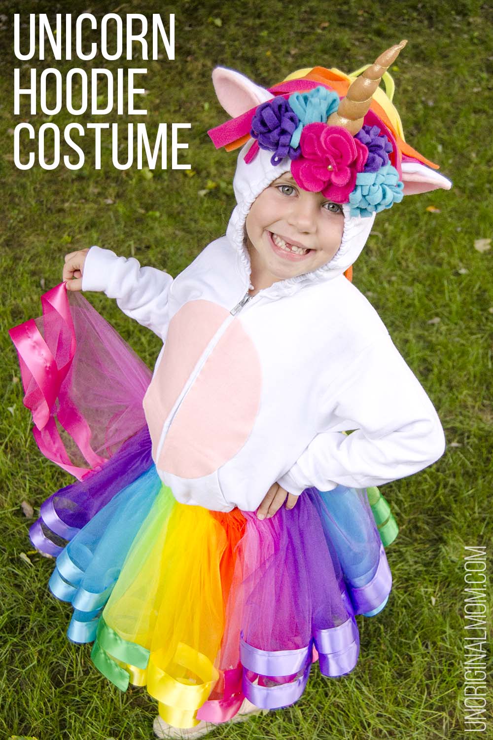 DIY Unicorn Hoodie Costume + Rainbow Tutu. Adorable unicorn costume made out of a hoodie! Love the rainbow tutu. Perfect for little girls. Make it no-sew by using hot glue instead! #unicorn #unicorncostume #easydiycostume