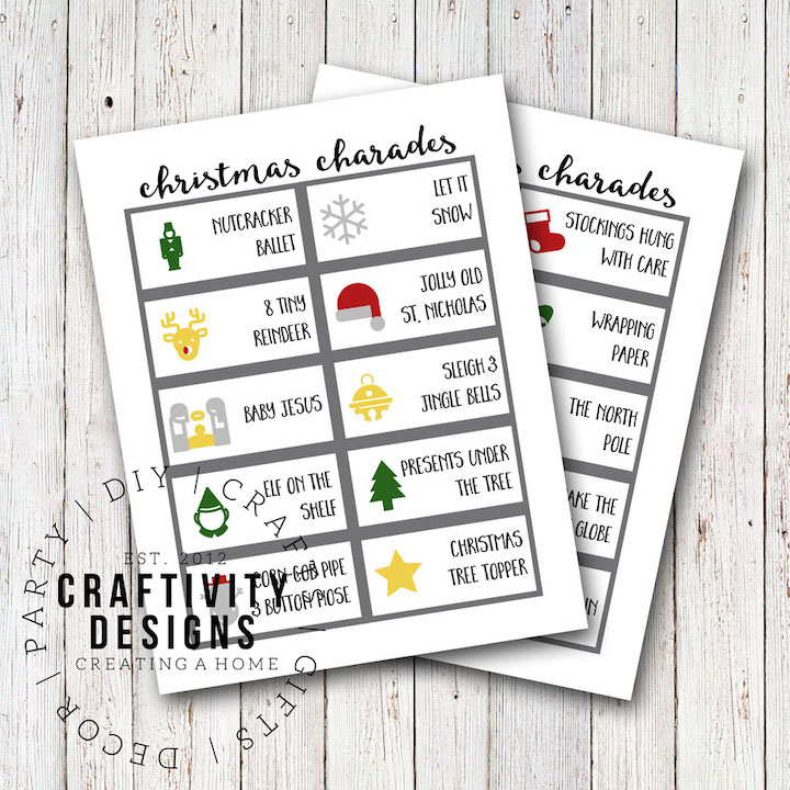 This free printable christmas charades game is an easy christmas game for christmas parties, or just to play at home with the family! #christmasgames #freeprintable #charades