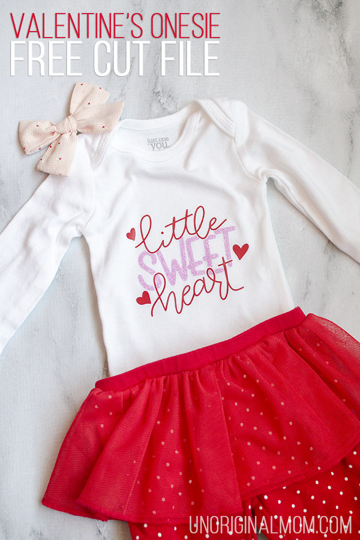 Little Sweet Heart Valentine's Onesie with a free cut file for Silhouette and Cricut! Use this adorable Valentine's onesie cut file to make a cute outfit for a little girl with glitter heat transfer vinyl.