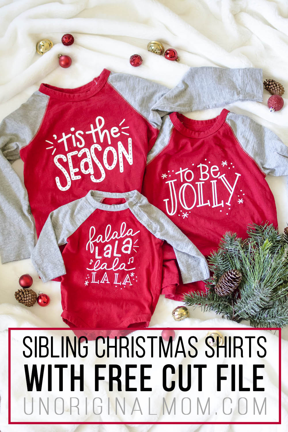 DIY sibling Christmas shirts with a free SVG! Adorable hand lettered design for a 3 child family.